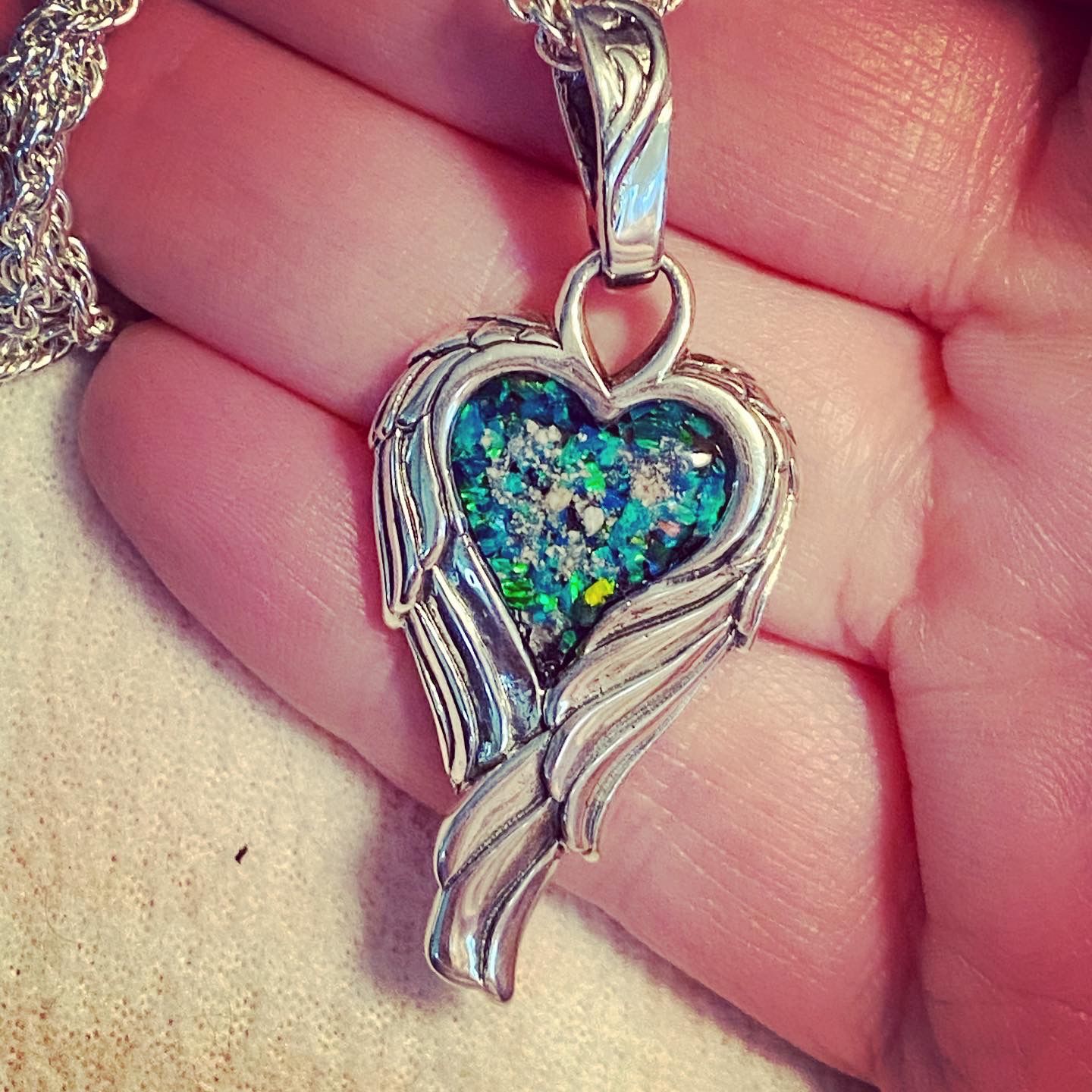 Customer photo review of Angel Wing Heart Pendant  - Engravable