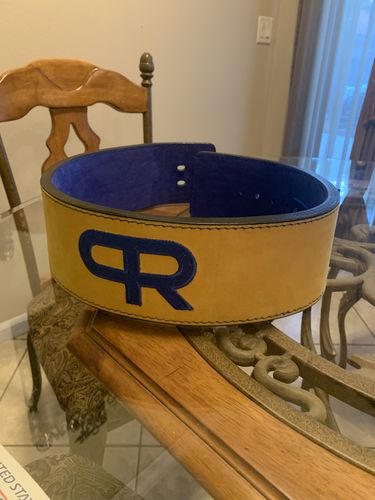 Customer photo review of PR Powerlifting 13mm Belt w/ Lever Buckle - Blue/Yellow