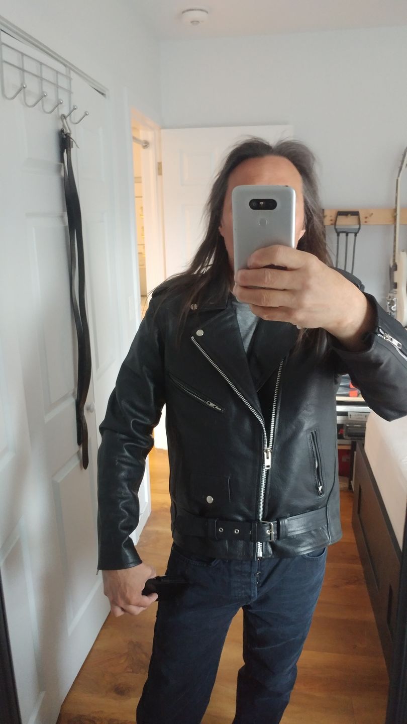 Customer photo review of "Perfect" Biker Style Classic Black Premium Heavy Leather Jacket