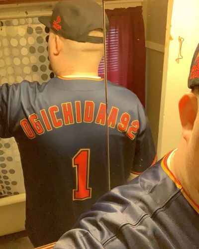 Customer photo review of Custom White Red-Navy Authentic Baseball Jersey