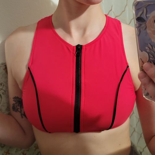 Customer photo review of Zip-Up Racer Back Surfer Bikini Top - Neon Red