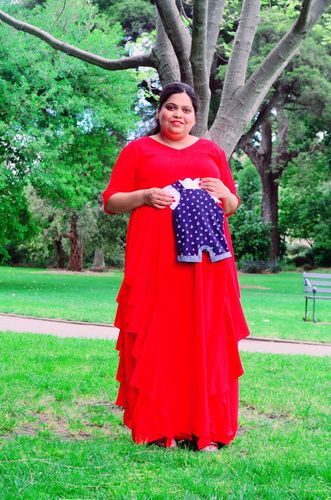 Customer photo review of Red Bubble Satin Luxe Maternity Flow Dress