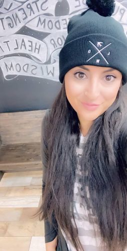 Customer photo review of Let God Work Embroidery Pom-Pom Beanie