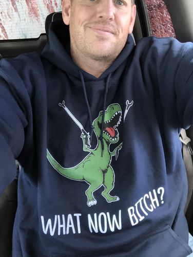 Customer photo review of What Now Bitch Funny T-Rex