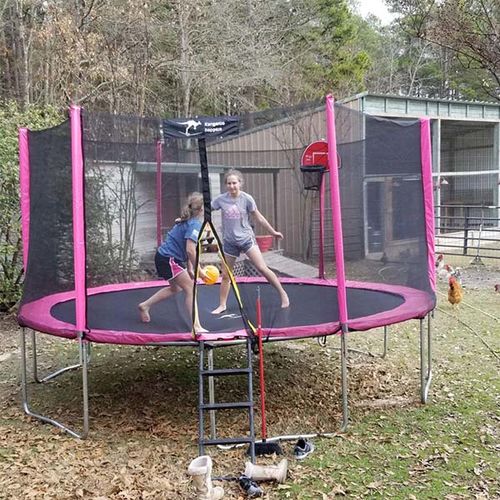 Customer photo review of Kangaroo Hoppers 15 FT Round Kids Trampoline with Safety Enclosure Net, Basketball Hoop and Ladder, Outdoor Fun Summer Trampoline