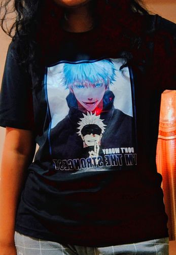Customer photo review of Satoru Gojo "Don't worry I'm the Strongest" Tshirt