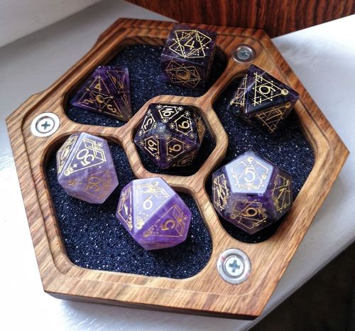 Customer photo review of URWizards Dnd Amethyst Engraved Dice Set Astrology Style