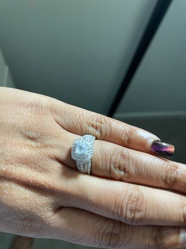 Customer photo review of Elegant Silver Halo Wedding 2 Ring Set Cross Cut