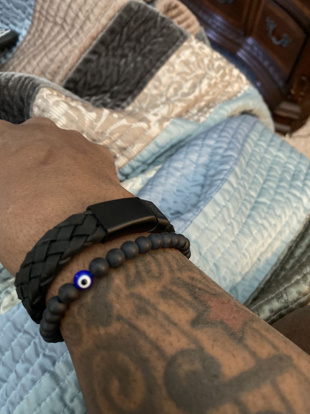 Customer photo review of Black on Black Braided Italian Leather Engravable Bracelet