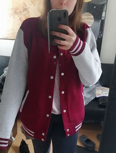 Customer photo review of Mens Varsity Jacket - Burgundy/Grey
