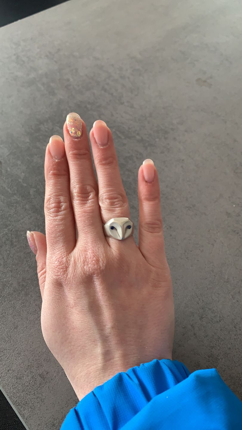 Customer photo review of Owl Ring with Sapphire Eyes