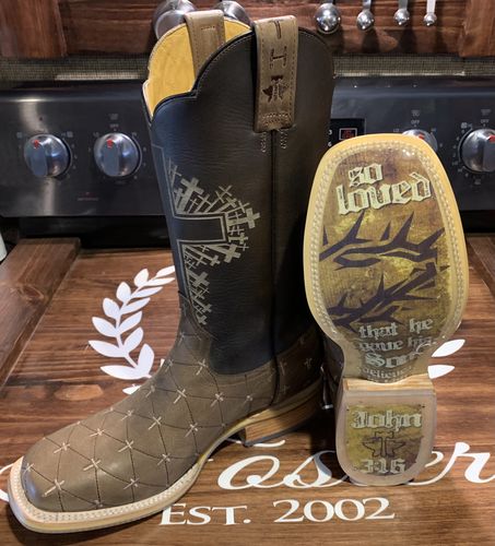 Customer photo review of Tin Haul Men's The Gospel John 3:16 Brown Boots 14-020-0077-0426