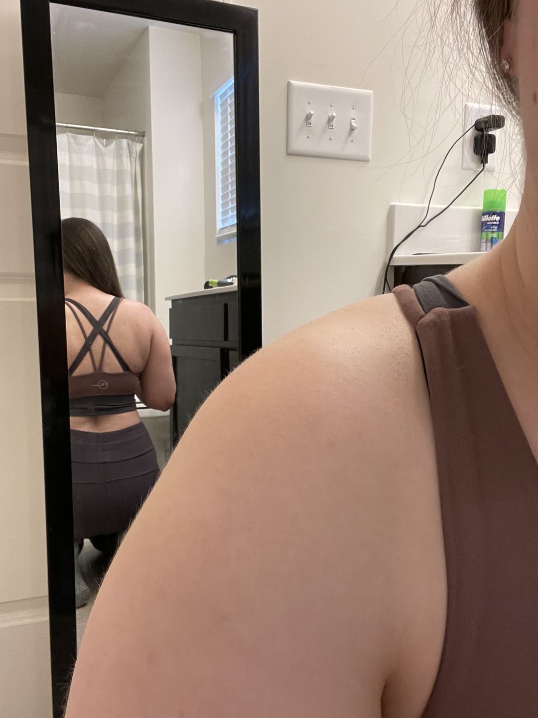 Customer photo review of Criss Cross Sports Bra - Muted Plum / Grey | MT LUXE