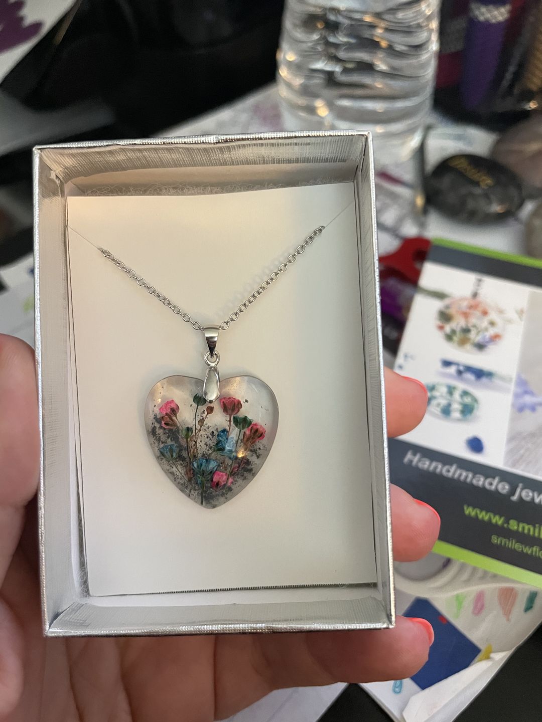 Customer photo review of Flower Heart Necklace with Real Flower and Cremains