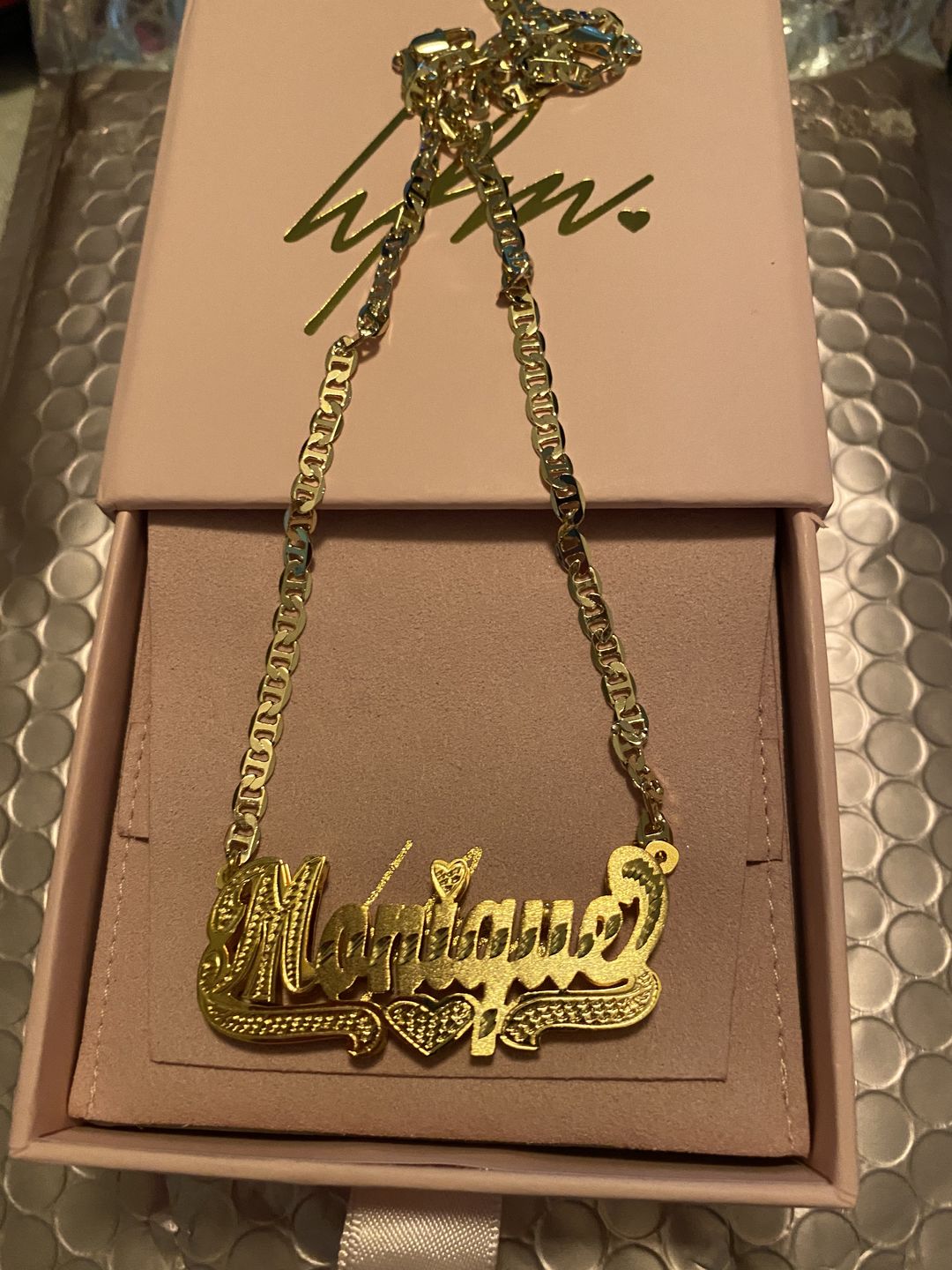 Customer photo review of Double plated luxe custom name necklace