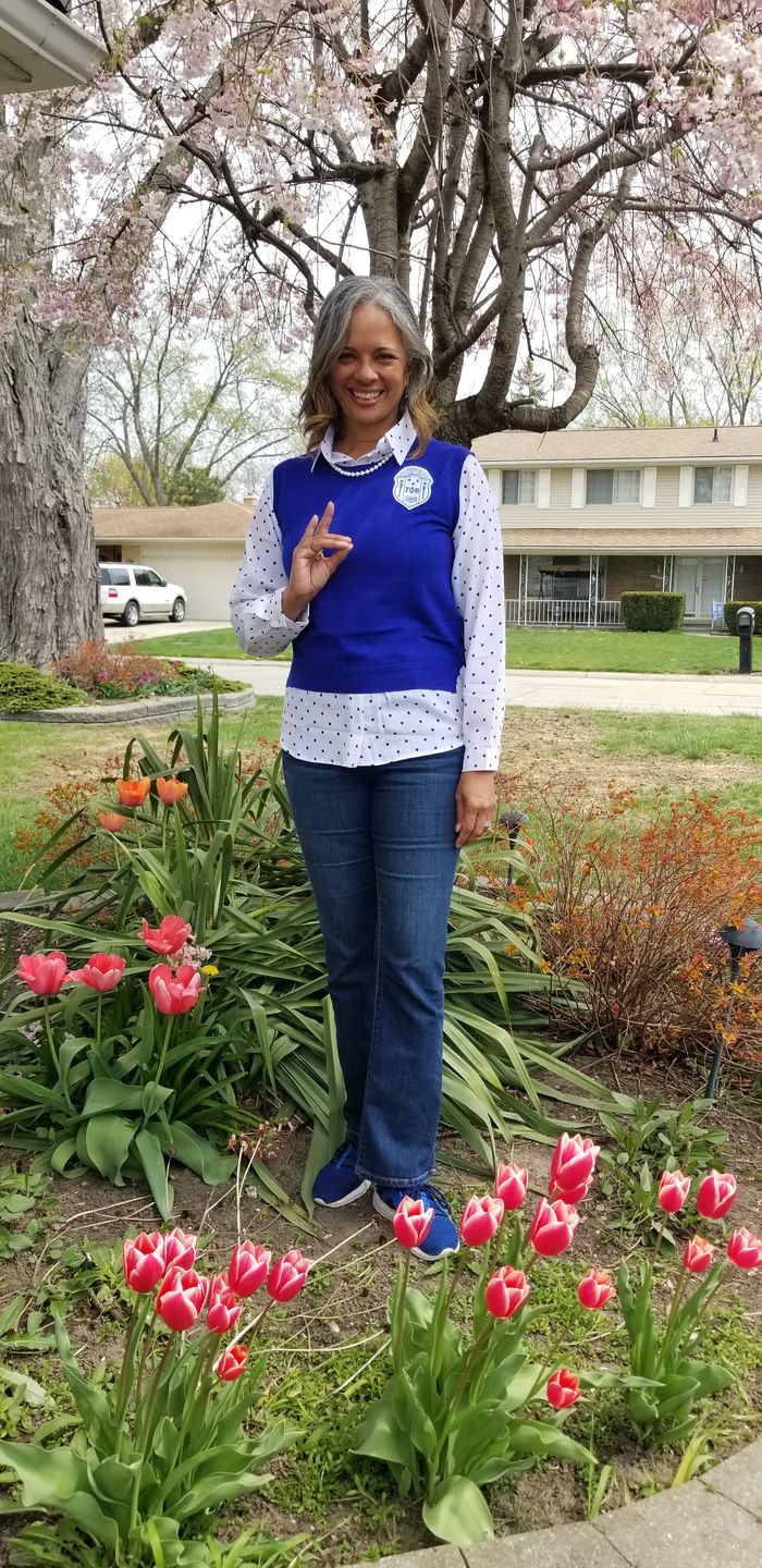 Customer photo review of Polka Dot Chiffon Sweater - Royal