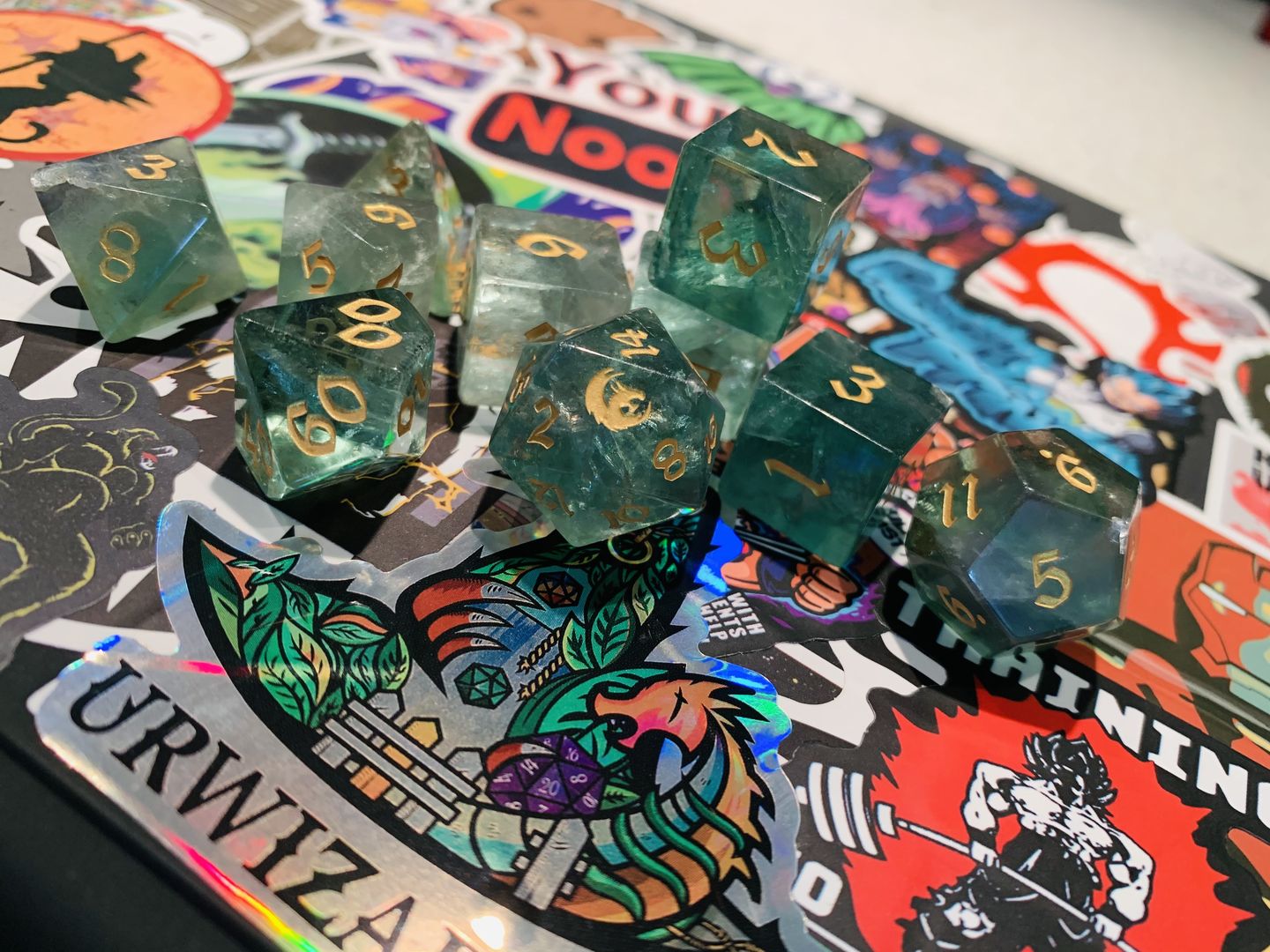 Customer photo review of URWizards Dnd Green Fluorite Gemstone Engraved Dice Set Dragon Style