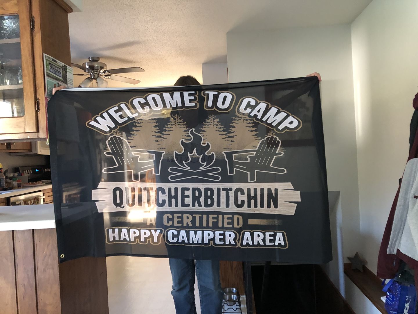 Customer photo review of "Welcome To Camp Quitcherbitchin - A Certified Happy Camper Area" - Flag