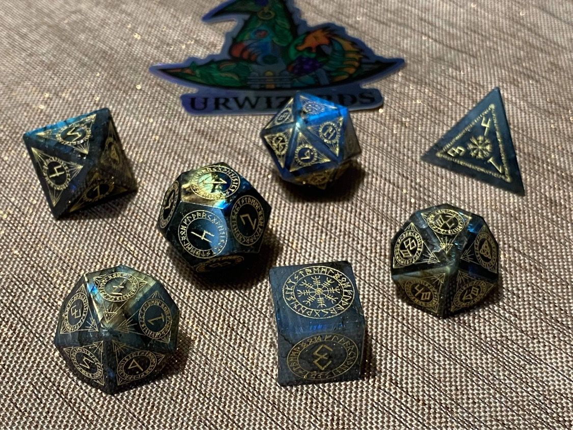 Customer photo review of URWizards Dnd Labradorite Gemstone Engraved Dice Set