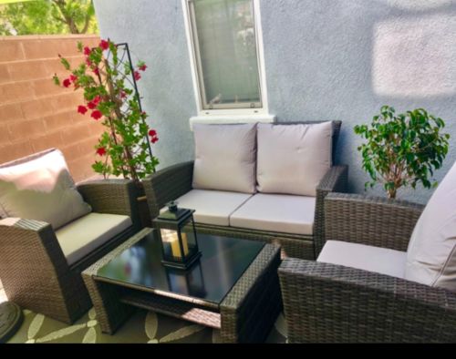 Customer photo review of 4 Pcs Retro Wicker Sofa Chair Set Patio Furniture Set w/ Tempered Glass Tabletop, Cushion