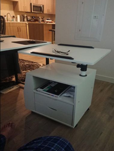 Customer photo review of Bedside Table Height Adjustable End Table, Wooden Nightstand with Swivel Top, Storage Drawers & Universal Wheels, White