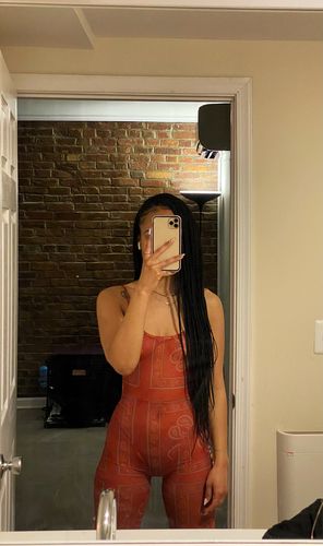 Customer photo review of RED PAISLEY FULL BODYSUIT + RHINESTONE