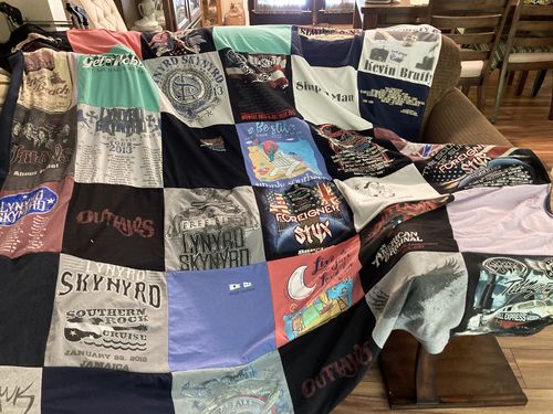 T-shirt quilt with music, concerts themes by Lisa from MD