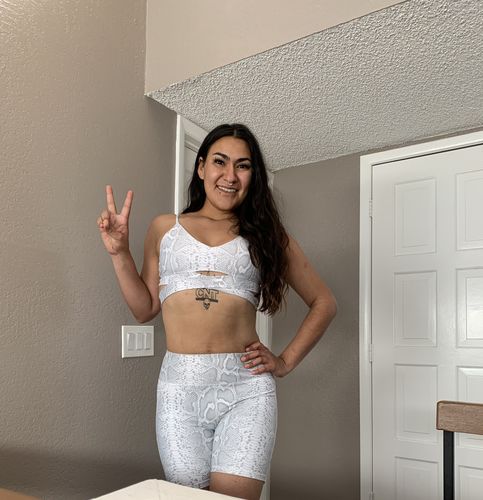 Customer photo review of High-Rise Butt Lift Pocket Biker Shorts - White Snake