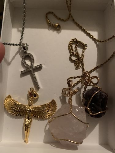 Customer photo review of Raw Amethyst/Rose Quartz Necklace