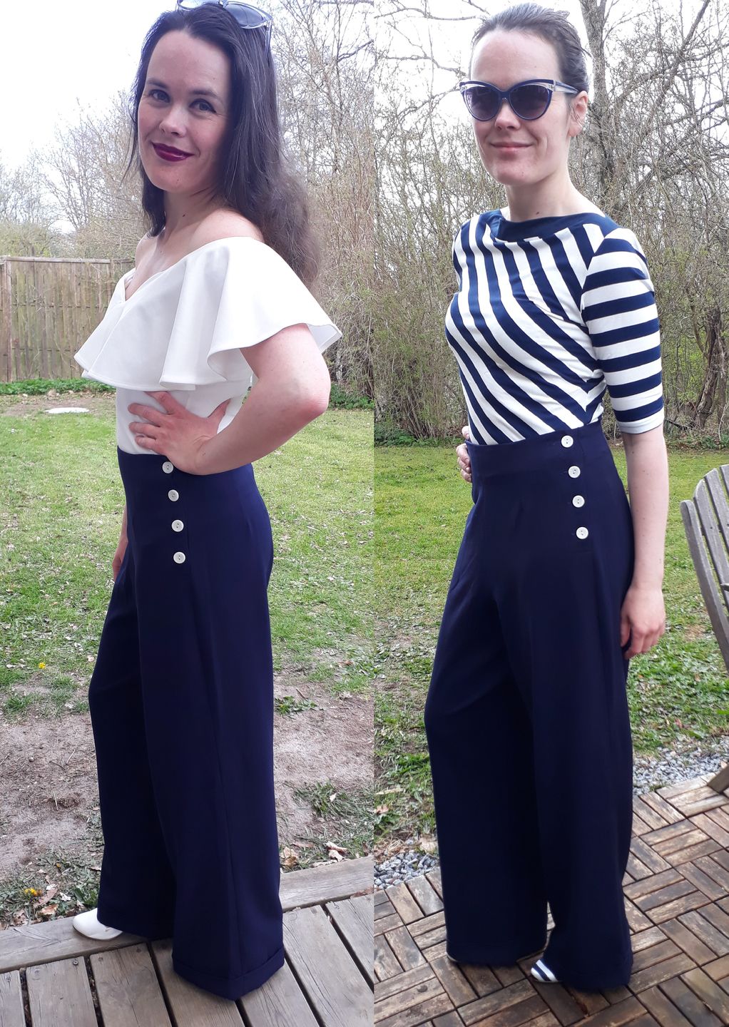 Customer photo review of Højtaljede swing bukser med brede ben i navy blå