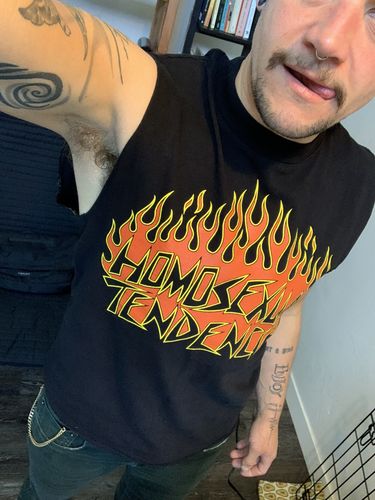 Customer photo review of Homosexual Tendencies Flame Premium T-shirt • Black