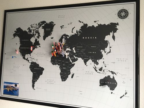 Customer photo review of DIE WELTKARTE "WHITE" - Memoboard / Pinnwand Weltkarte mit magnetischen Pins