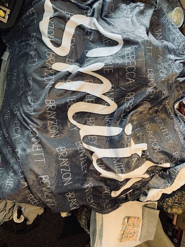 Customer photo review of ANY CUSTOM NAME Family Last Name Gray Personalized Custom Name Printed Fleece Family Throw Blanket