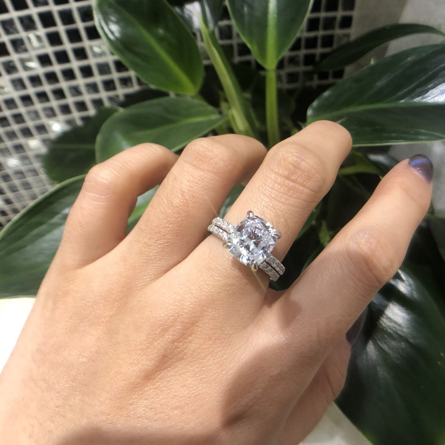 Customer photo review of S925 Classic 3.0 Carat Cushion Cut White Sapphire Wedding Set In Sterling Silver