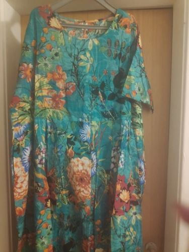 Customer photo review of Modern o neck exra large hem linen cotton summer Robes Runway blue print Dresses