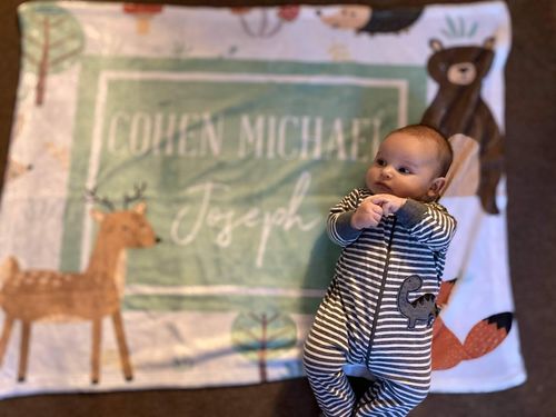 Customer photo review of Woodland Animals Fox Deer Bear Custom Name Printed Fleece Baby Blanket