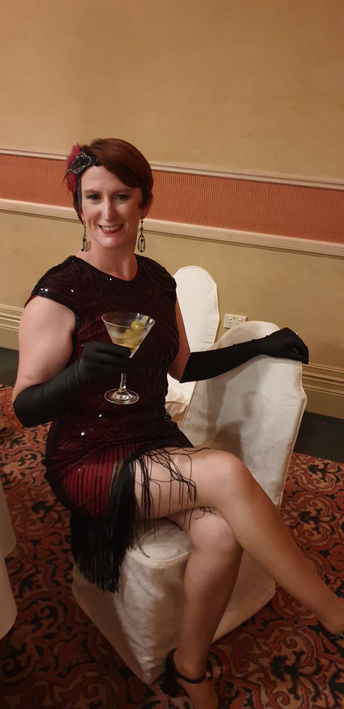 Customer photo review of 1920s Red & Black Beaded Mable Flapper Dress