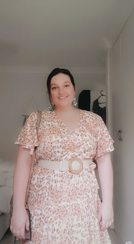 Customer photo review of Claudia Maxi in Peach Print With Tie Belt