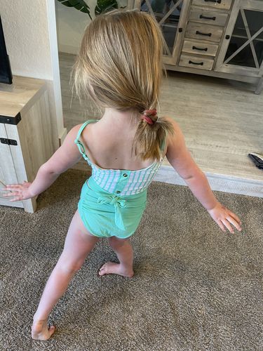 Customer photo review of The Mini Lounger Top | Mint & White Stripe