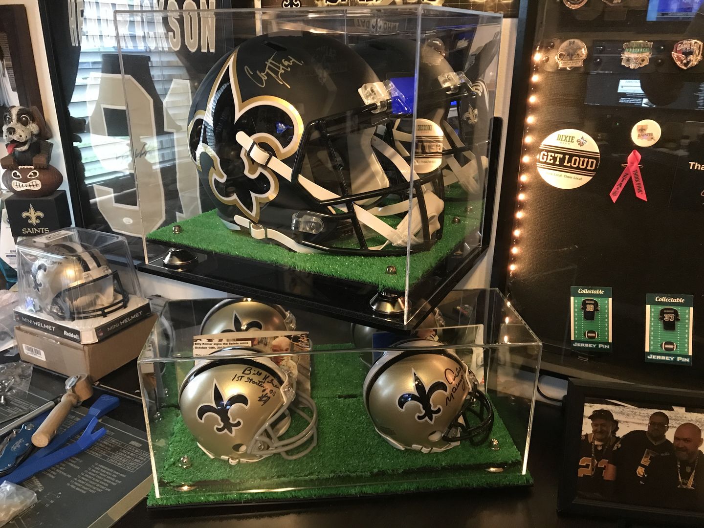 Customer photo review of 2 Mini Helmet or Mini Football with Mini Helmet (not Full Size) Display Case with Risers Mirror