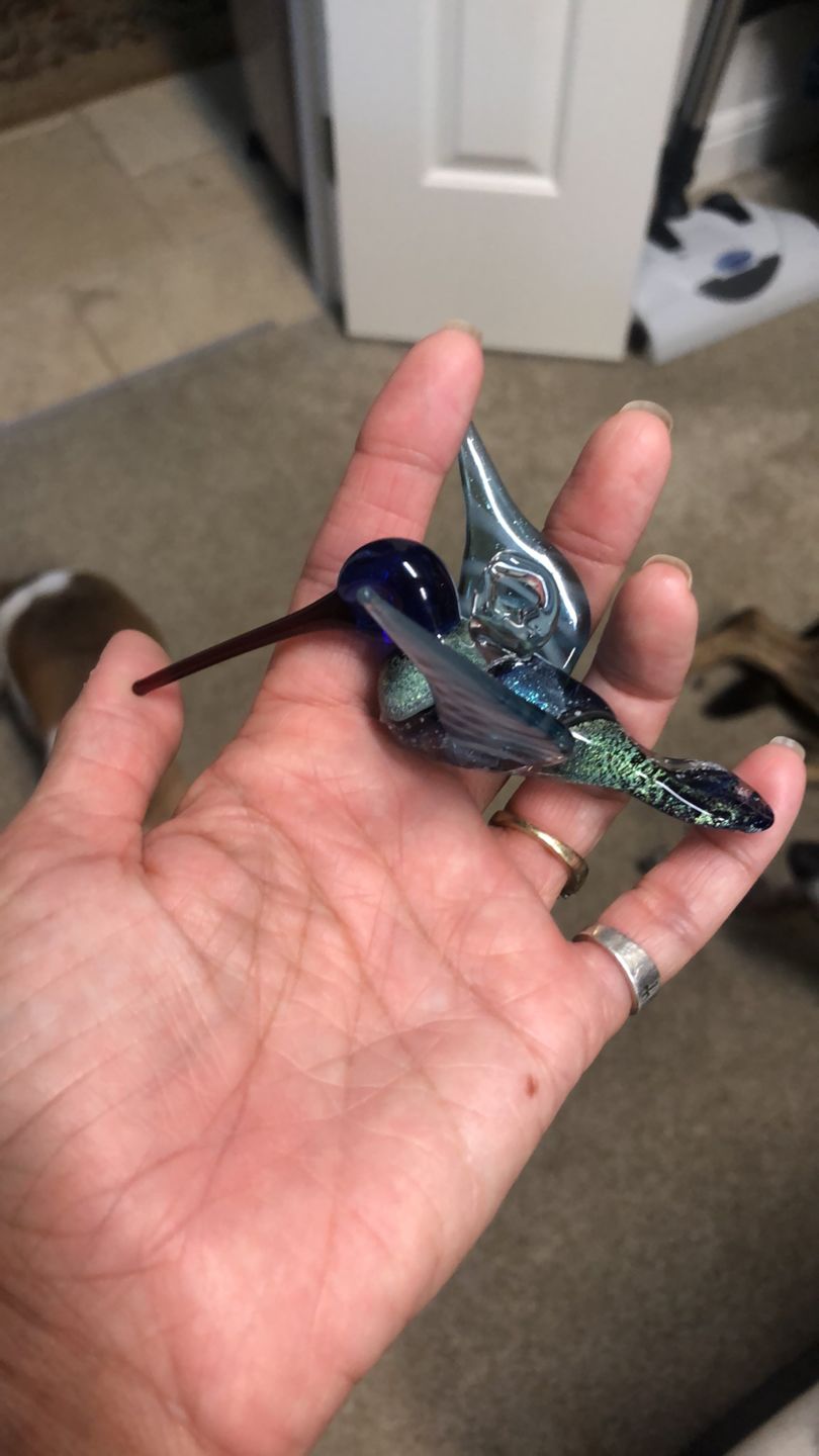 Customer photo review of Dichroic Twist Glass Hummingbird with Infused Ash