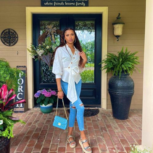 Customer photo review of Puff-Sleeve Belted Shirt