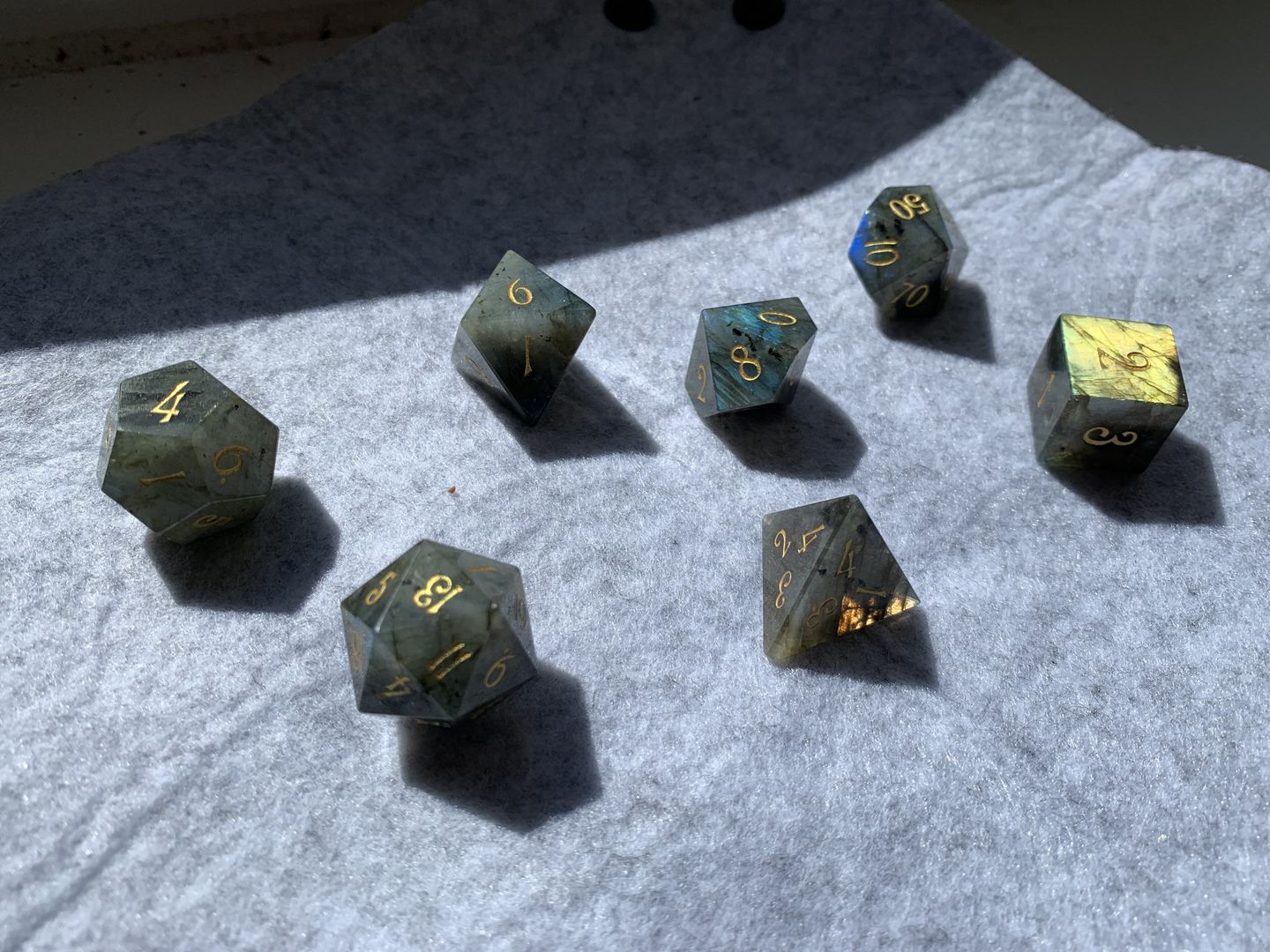 Customer photo review of URWizards Dnd Labradorite Gemstone Engraved Dice Set