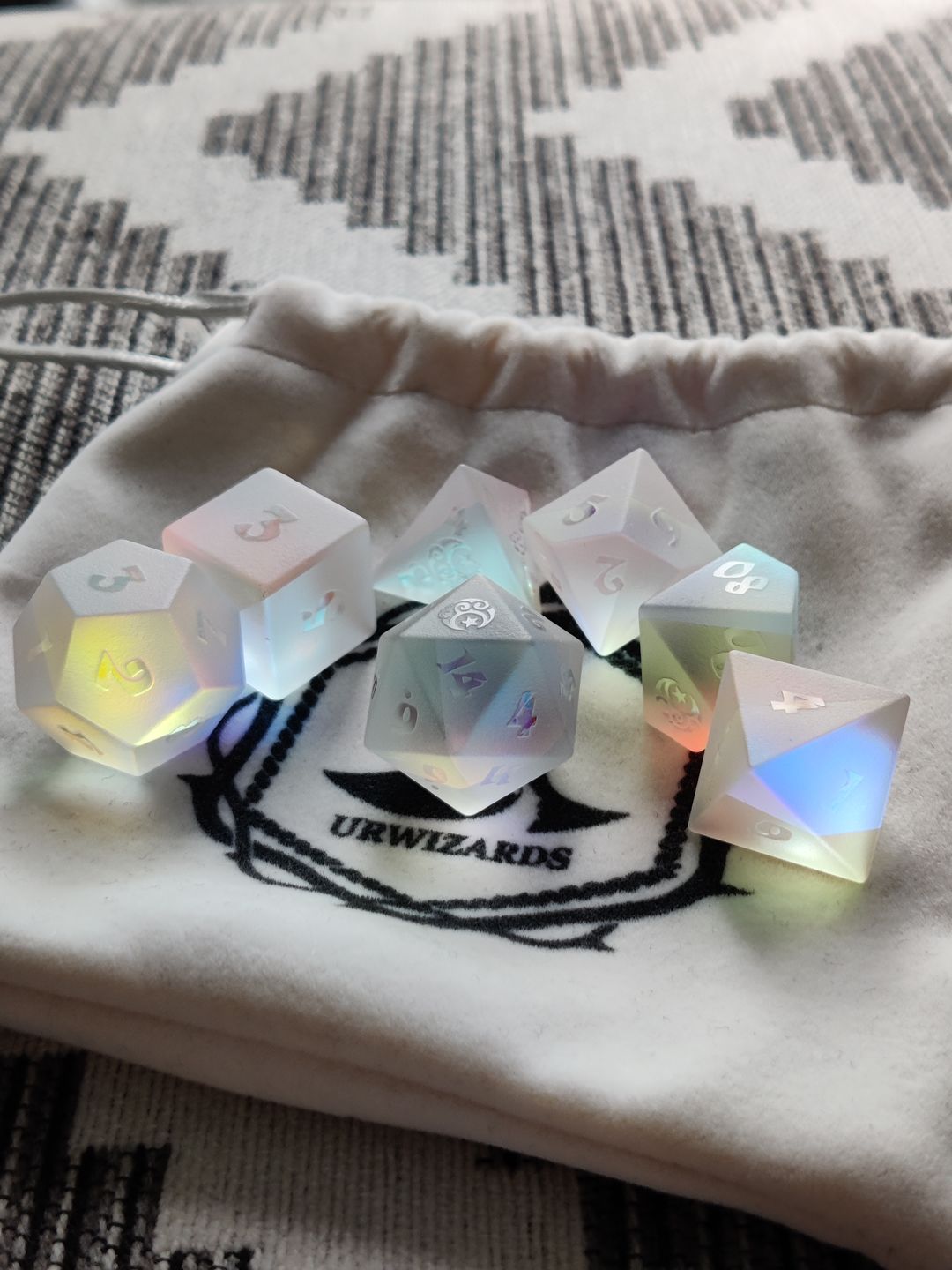 Customer photo review of URWizards Dnd Dichroic Prism  Glass Raised Dice Set Moon & Star