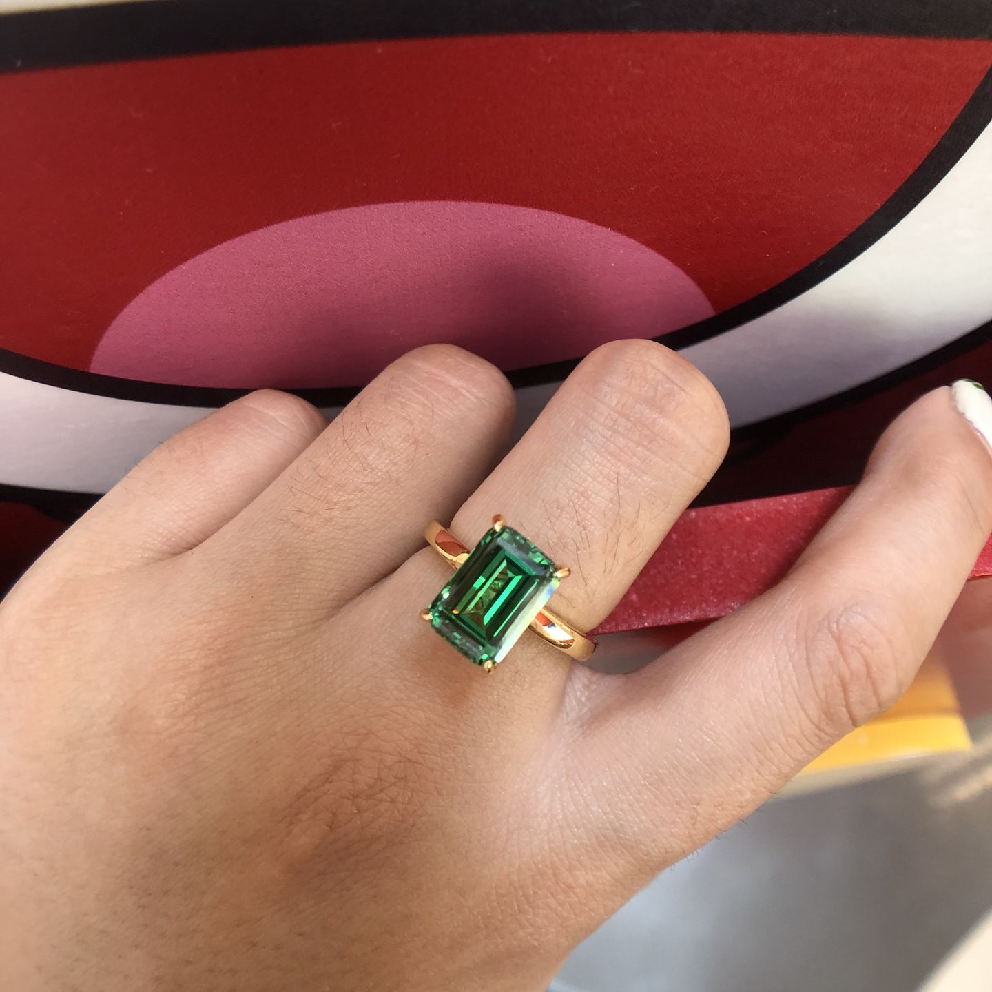 Customer photo review of Louily Classic Yellow Gold Emerald Cut Engagement Ring In Sterling Silver