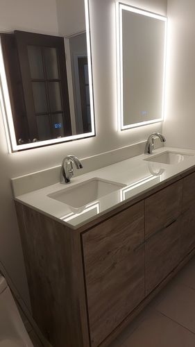 Customer photo review of Dolce, KubeBath, 60" Maple Grey Modern Bathroom Vanity w/ Quartz Top, Double Sink