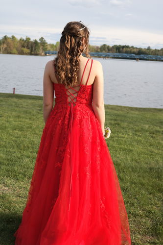 Customer photo review of Spaghetti Strap Lace-Up Back Long Prom Dresses For Teens and Juniors FD1265B