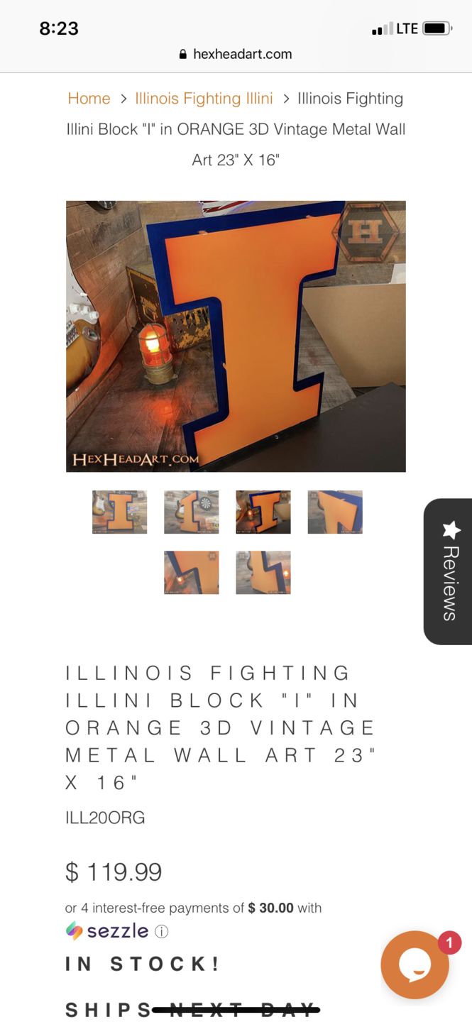 Customer photo review of Illinois Fighting Illini Block "I" in ORANGE 3D Vintage Metal Wall Art 23" X 16"