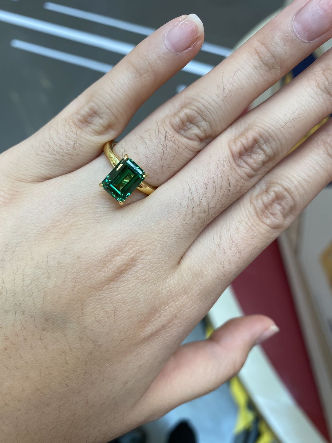 Customer photo review of Louily Classic Yellow Gold Emerald Cut Engagement Ring In Sterling Silver