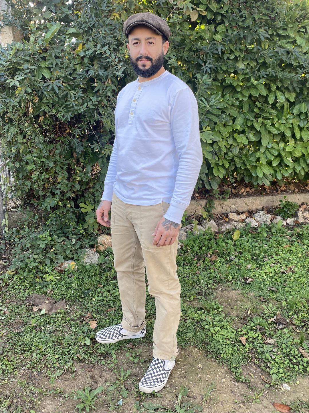 Customer photo review of Vintage Long Sleeve Henley Shirt - White